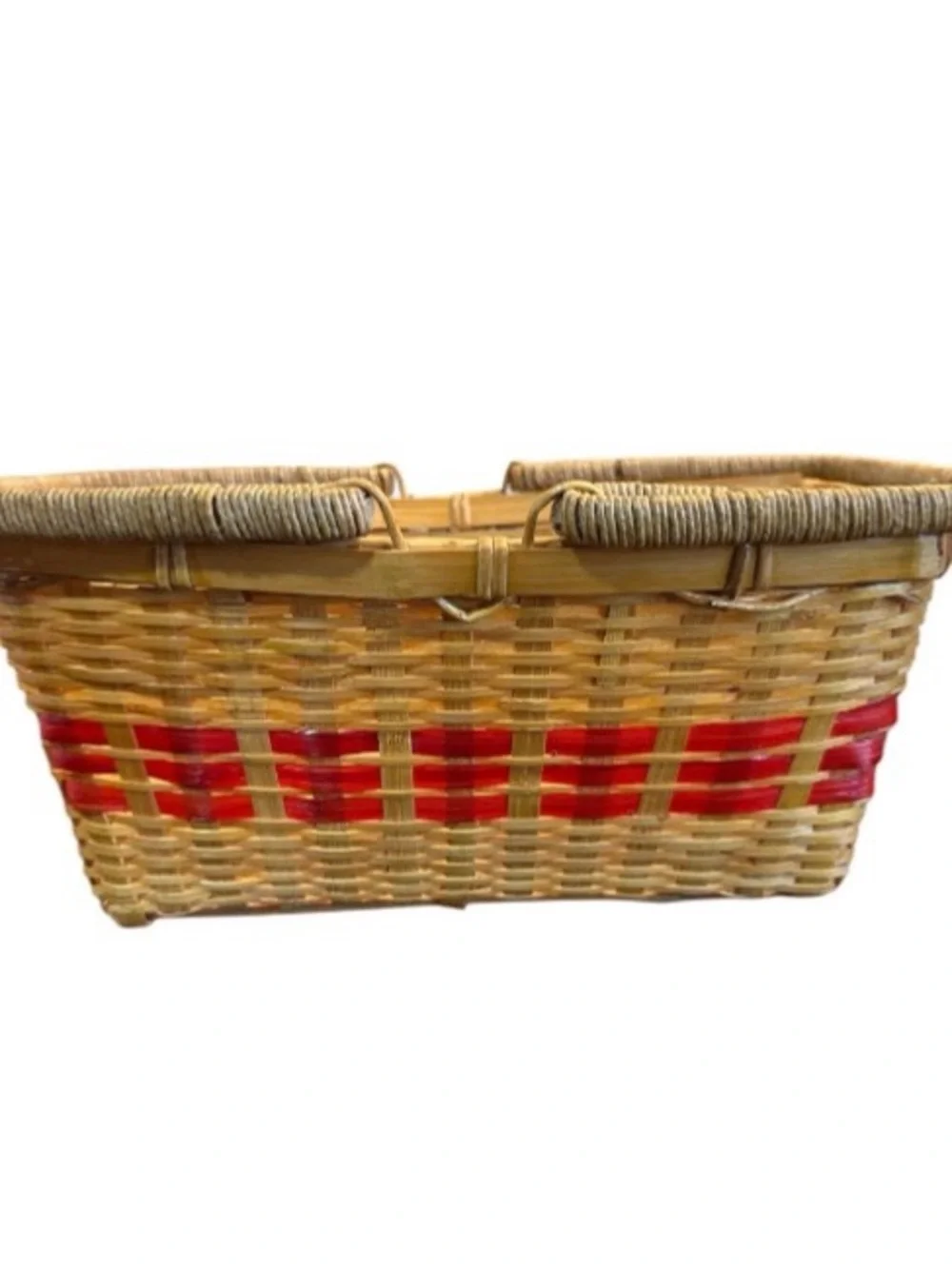 Hand Woven Wicker Basket Double Swing Handles Harvest Basket Red Accent Picnic